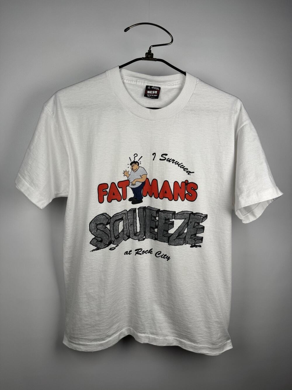 Vintage 90s I Survived Fat Mans Squeeze Rock City Single Stitch Tee White Large